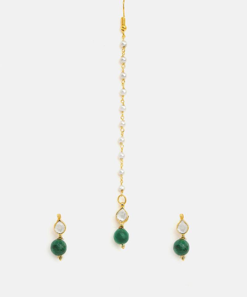 Gold plated kundan green stones maang tikka