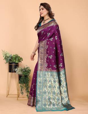 wine silk blend banarasi saree with blouse  2