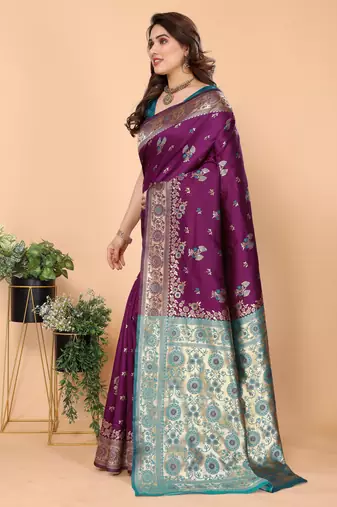 wine silk blend banarasi saree with blouse 