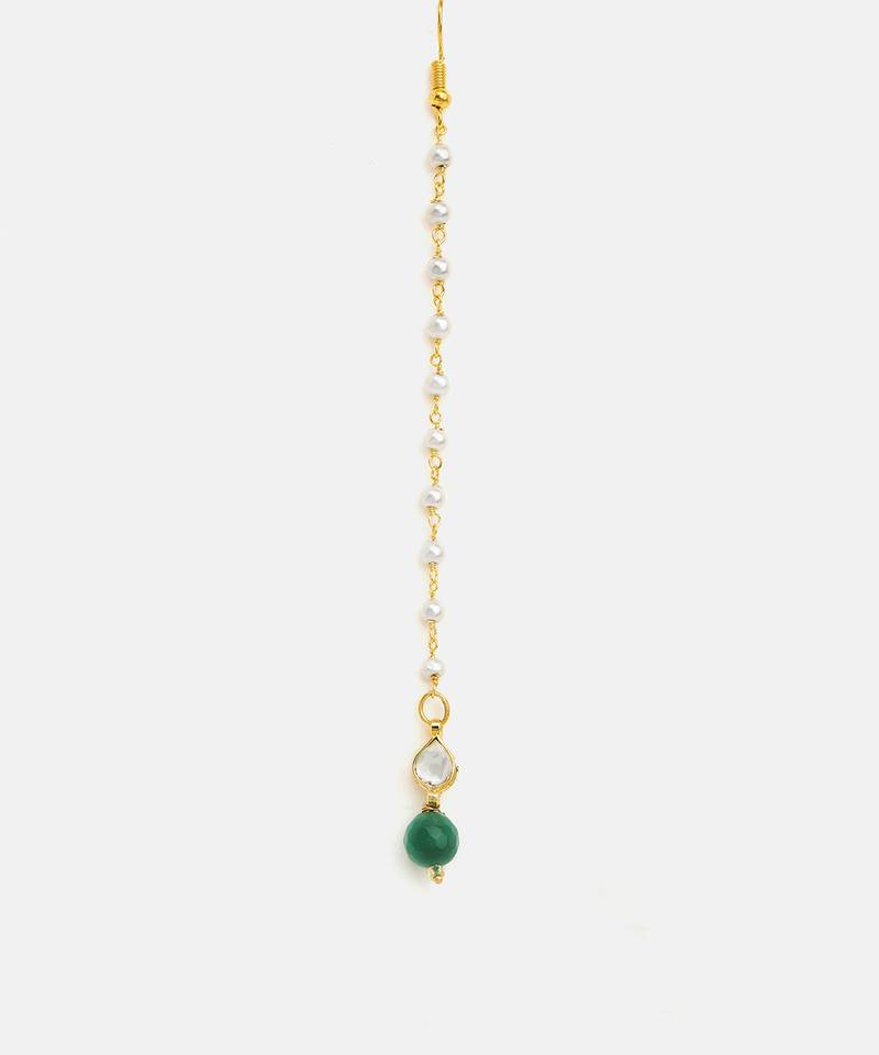 Gold plated kundan green stones maang tikka