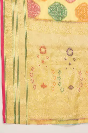 Women's yellow organza zari woven saree with unstitched blouse piece