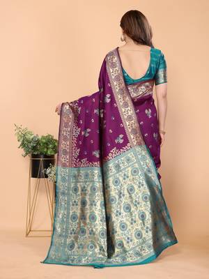 wine silk blend banarasi saree with blouse  3