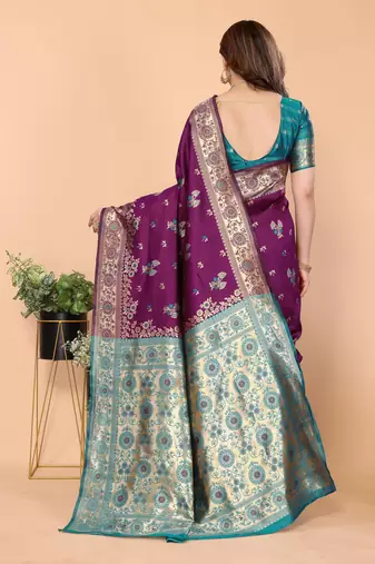 wine silk blend banarasi saree with blouse 
