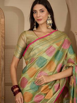 Women's pista organza zari woven saree with unstitched blouse piece 2