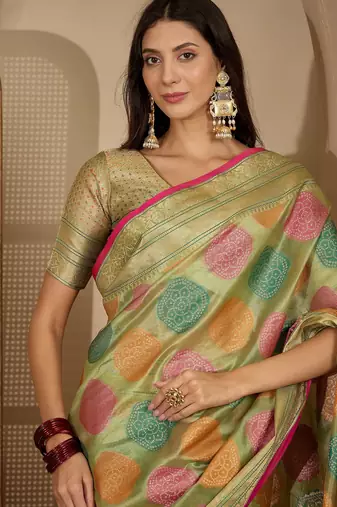 Women's pista organza zari woven saree with unstitched blouse piece