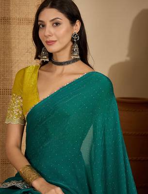 women's rama silk blend chiffon embroidered saree with unstitched blouse piece 2
