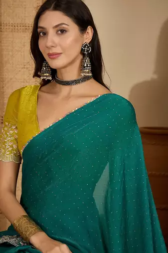 women's rama silk blend chiffon embroidered saree with unstitched blouse piece