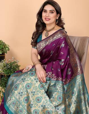 wine silk blend banarasi saree with blouse  4