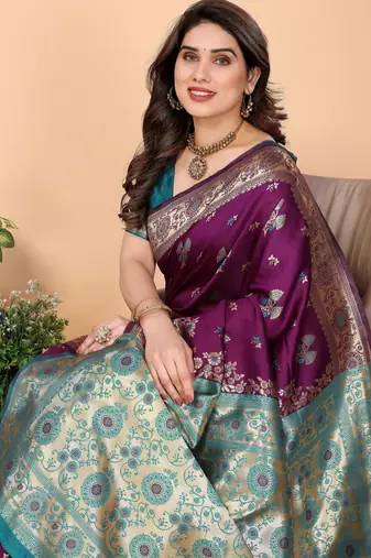wine silk blend banarasi saree with blouse 