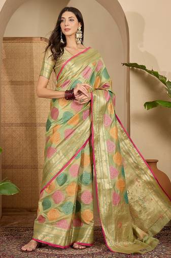 Women's pista organza zari woven saree with unstitched blouse piece