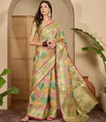 Women's pista organza zari woven saree with unstitched blouse piece