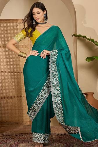 women's rama silk blend chiffon embroidered saree with unstitched blouse piece