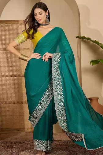 women's rama silk blend chiffon embroidered saree with unstitched blouse piece
