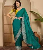 women's rama silk blend chiffon embroidered saree with unstitched blouse piece