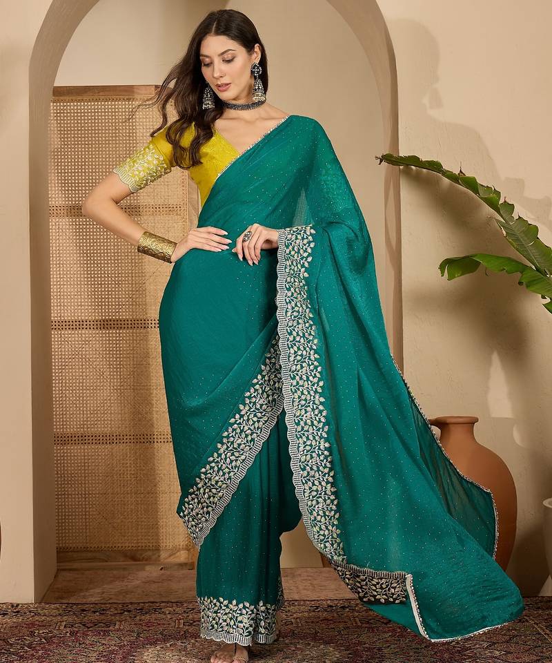 women's rama silk blend chiffon embroidered saree with unstitched blouse piece