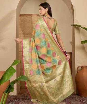 Women's pista organza zari woven saree with unstitched blouse piece 3