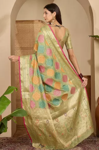Women's pista organza zari woven saree with unstitched blouse piece