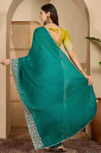 women's rama silk blend chiffon embroidered saree with unstitched blouse piece