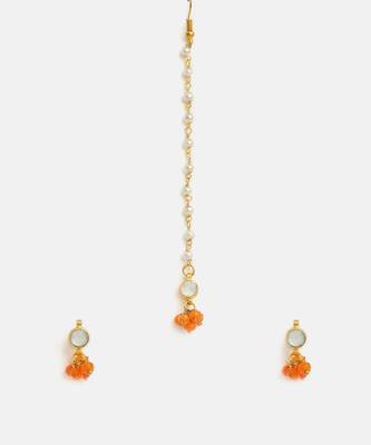 Gold plated kundan orange stones maang tikka 3