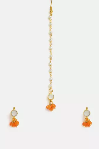 Gold plated kundan orange stones maang tikka