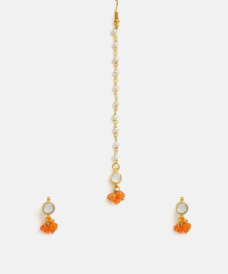 Gold plated kundan orange stones maang tikka