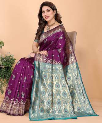wine silk blend banarasi saree with blouse  5
