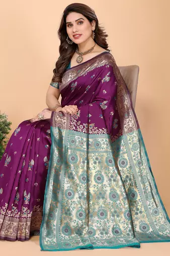 wine silk blend banarasi saree with blouse 