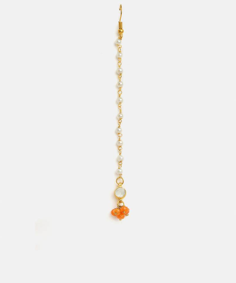 Gold plated kundan orange stones maang tikka