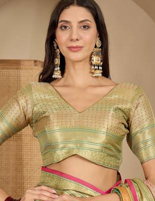 Women's pista organza zari woven saree with unstitched blouse piece 4