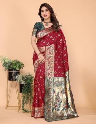 maroon silk blend banarasi saree with blouse  1