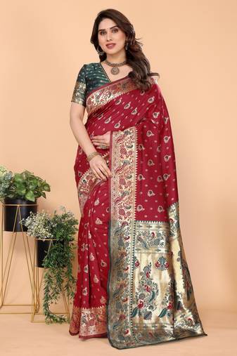 maroon soft art silk banarasi saree with blouse 