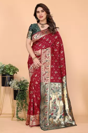 maroon soft art silk banarasi saree with blouse 