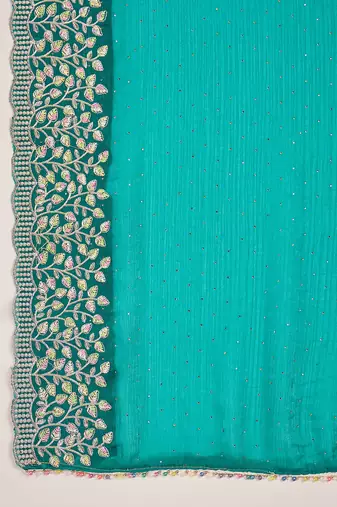 women's rama silk blend chiffon embroidered saree with unstitched blouse piece