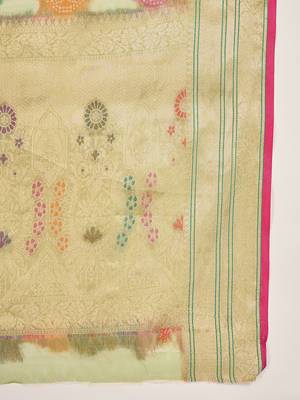 Women's pista organza zari woven saree with unstitched blouse piece 5
