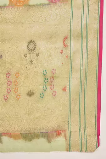 Women's pista organza zari woven saree with unstitched blouse piece