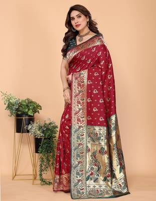 maroon silk blend banarasi saree with blouse  2