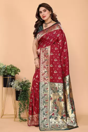maroon silk blend banarasi saree with blouse 