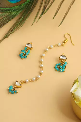 Gold plated kundan turquoise blue stones maang tikka