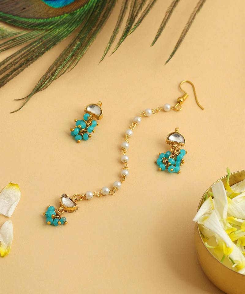 Gold plated kundan turquoise blue stones maang tikka