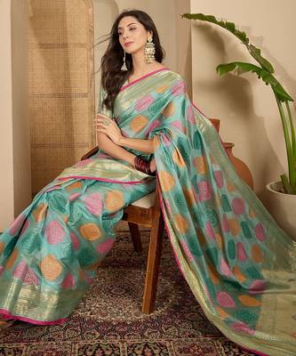 Women's blue organza zari woven saree with unstitched blouse piece 2