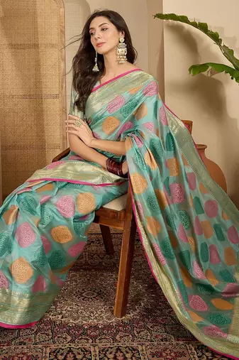 Women's blue organza zari woven saree with unstitched blouse piece