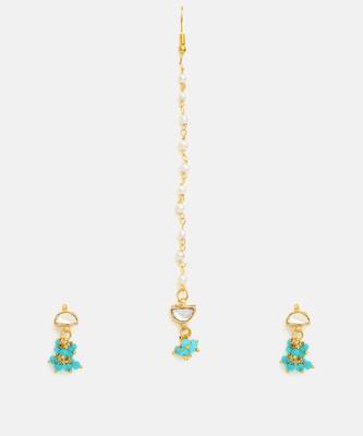 Gold plated kundan turquoise blue stones maang tikka 3