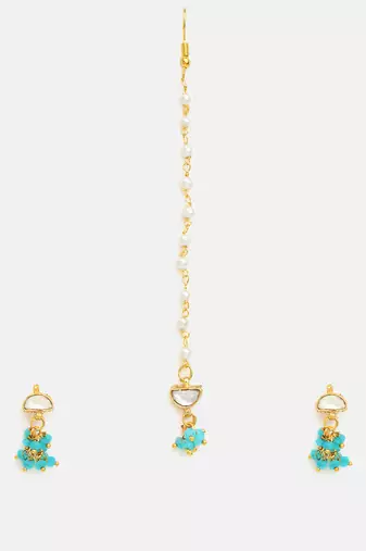 Gold plated kundan turquoise blue stones maang tikka