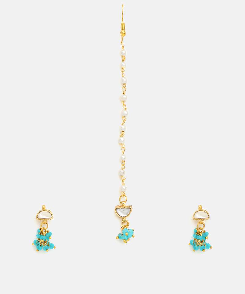 Gold plated kundan turquoise blue stones maang tikka