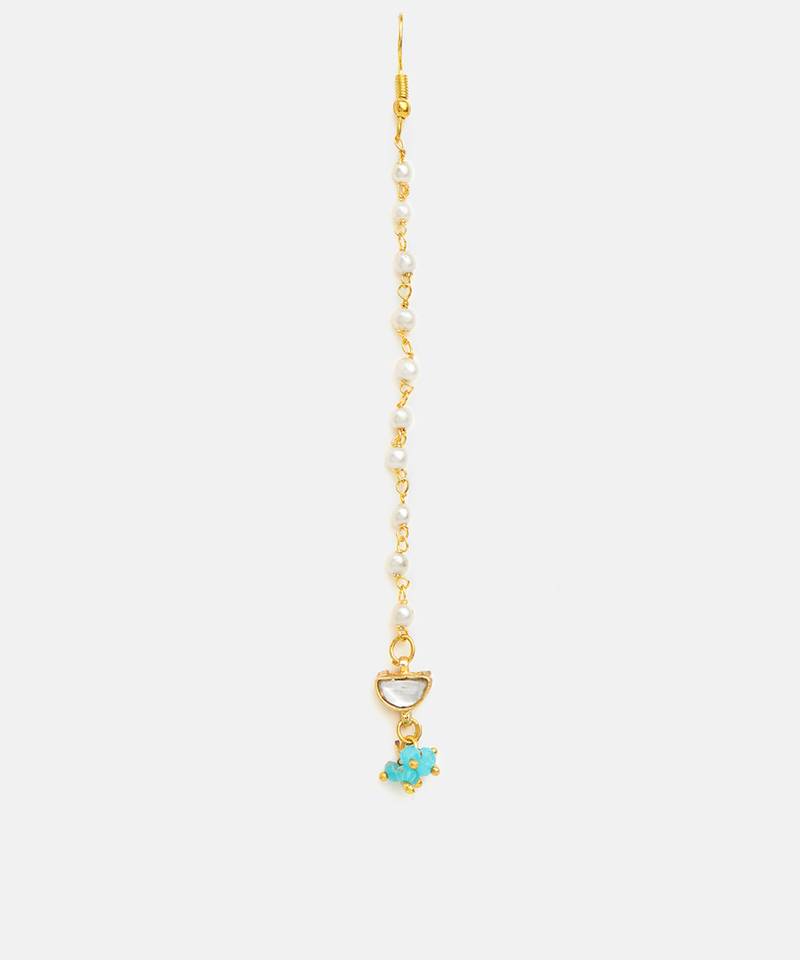Gold plated kundan turquoise blue stones maang tikka
