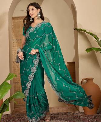 women's rama silk blend chiffon embroidered saree with unstitched blouse piece 1
