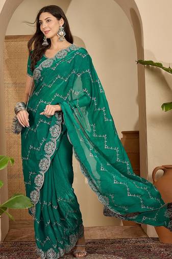 women's rama silk blend chiffon embroidered saree with unstitched blouse piece