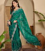 women's rama silk blend chiffon embroidered saree with unstitched blouse piece