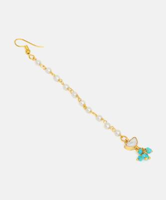 Gold plated kundan turquoise blue stones maang tikka 5