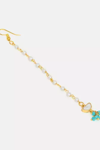 Gold plated kundan turquoise blue stones maang tikka